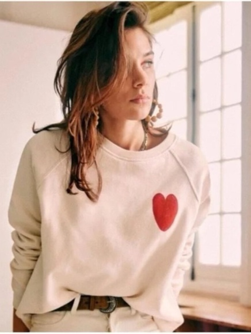 Sezane Bobo Choses Cream Sweatshirt with Red Heart Patch Size Small